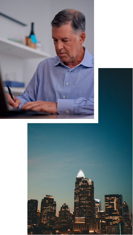 Derek at work and Charlotte skyline